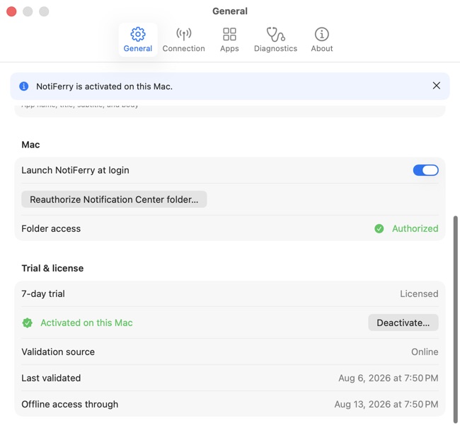 NotiFerry settings on macOS showing the launch-at-login switch, the Notification Center folder access marked Authorized, and a license activated on this Mac